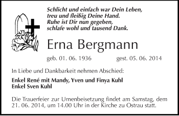 Traueranzeige von Erna Bergmann von Mitteldeutsche Zeitung Halle/Saalkreis
