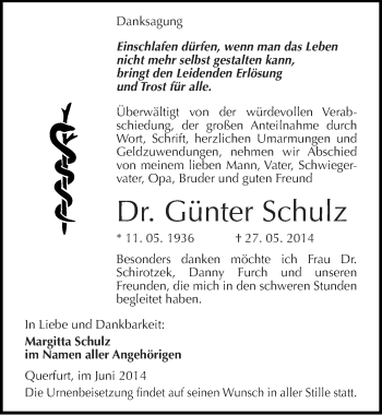 Traueranzeige von Günter Schulz von Mitteldeutsche Zeitung Merseburg/Querfurt