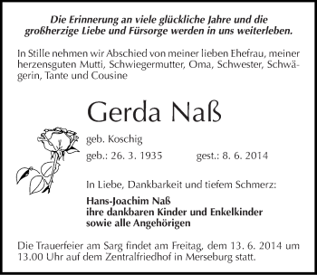 Traueranzeige von Gerda Naß von Mitteldeutsche Zeitung Merseburg/Querfurt