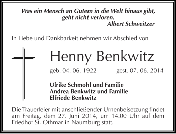 Traueranzeige von Henny Benkwitz von Mitteldeutsche Zeitung Naumburg/Nebra