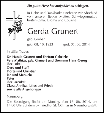 Traueranzeige von Gerda Grunert von Mitteldeutsche Zeitung Naumburg/Nebra
