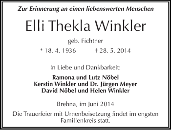 Traueranzeige von Elli Thekla Winkler von Mitteldeutsche Zeitung Bitterfeld