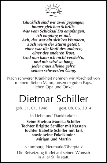 Traueranzeige von Dietmar Schiller von Mitteldeutsche Zeitung Naumburg/Nebra