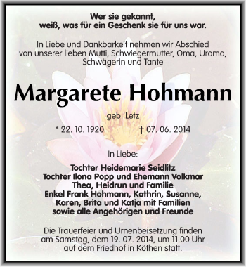 Traueranzeige von Margarete Hohmann von Mitteldeutsche Zeitung Köthen