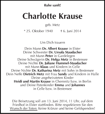 Traueranzeige von Charlotte Krause von Mitteldeutsche Zeitung Wittenberg