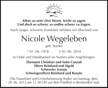 Traueranzeige von Nicole Wegeleben von Mitteldeutsche Zeitung Halle/Saalkreis