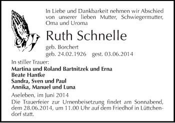 Traueranzeige von Ruth Schnelle von Mitteldeutsche Zeitung Mansfelder Land