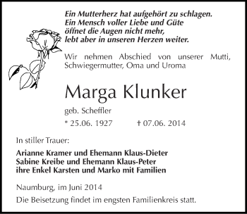 Traueranzeige von Marga Klunker von Mitteldeutsche Zeitung Naumburg/Nebra