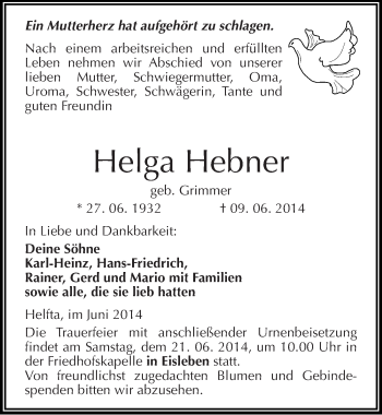 Traueranzeige von Helga Hebner von Mitteldeutsche Zeitung Mansfelder Land