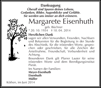 Traueranzeige von Margarete Eisenhuth von Mitteldeutsche Zeitung