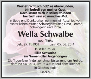 Traueranzeige von Wella Schwalbe von Mitteldeutsche Zeitung Naumburg/Nebra