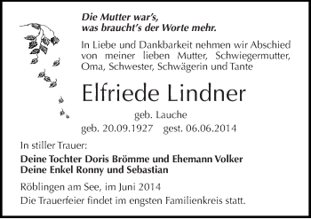 Traueranzeige von Elfriede Lindner von Mitteldeutsche Zeitung Mansfelder Land