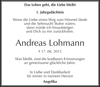 Traueranzeige von Andreas Lohmann von Mitteldeutsche Zeitung Halle/Saalkreis