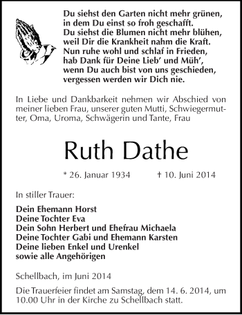 Traueranzeige von Ruth Dathe von Mitteldeutsche Zeitung Zeitz