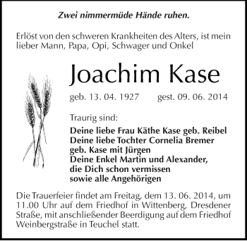 Traueranzeige von Joachim Kase von Mitteldeutsche Zeitung Wittenberg