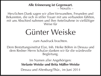 Traueranzeige von Günter Weiske von Mitteldeutsche Zeitung Dessau-Roßlau