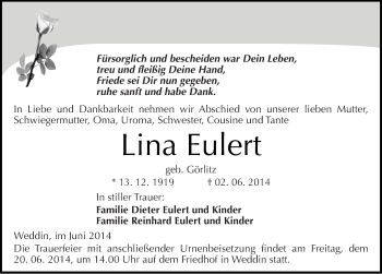 Traueranzeige von Lina Eulert von Mitteldeutsche Zeitung Wittenberg