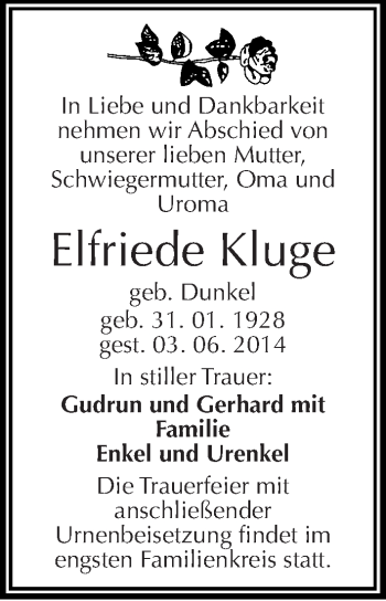 Traueranzeige von Elfriede Kluge von Mitteldeutsche Zeitung Halle/Saalkreis
