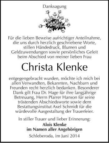 Traueranzeige von Christa Klenke von Mitteldeutsche Zeitung Naumburg/Nebra