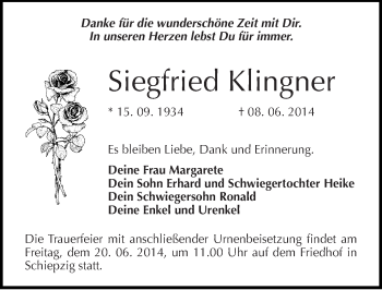 Traueranzeige von Siegfried Klingner von Mitteldeutsche Zeitung Halle/Saalkreis