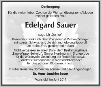 Traueranzeige von Edelgard Sauer von Mitteldeutsche Zeitung Mansfelder Land