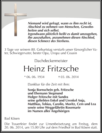 Traueranzeige von Heinz Fritzsche von Mitteldeutsche Zeitung Naumburg/Nebra