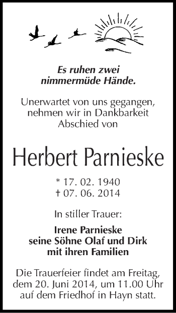 Traueranzeige von Herbert Parnieske von Mitteldeutsche Zeitung Sangerhausen