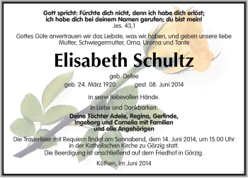 Traueranzeige von Elisabeth Schultz von Mitteldeutsche Zeitung Köthen