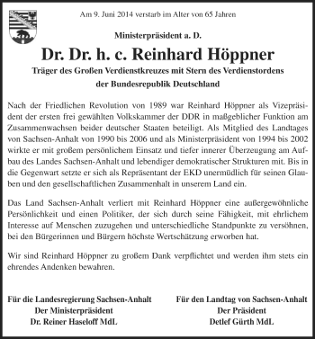 Traueranzeige von Reinhard Höppner von Mitteldeutsche Zeitung