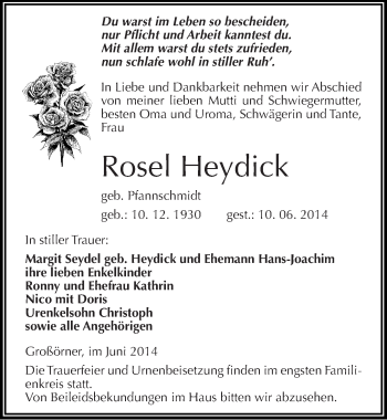 Traueranzeige von Rosel Heydick von Mitteldeutsche Zeitung Mansfelder Land