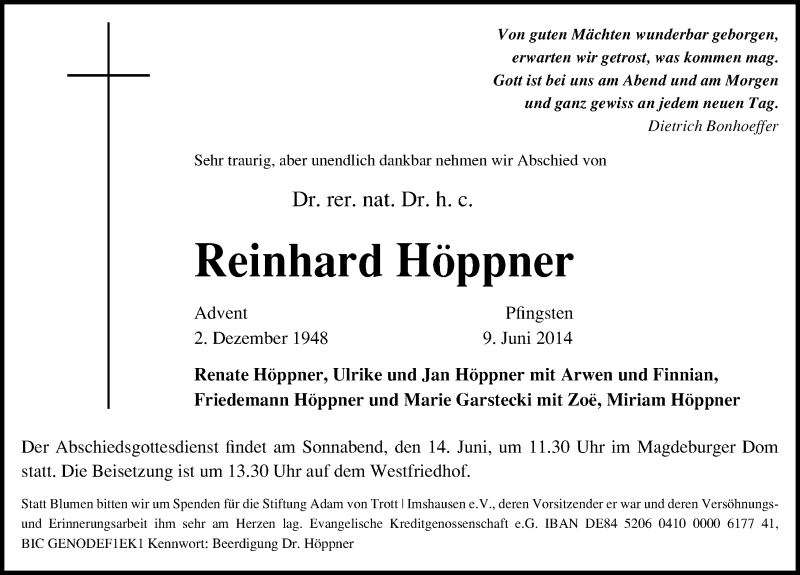  Traueranzeige für Reinhard Höppner vom 12.06.2014 aus Mitteldeutsche Zeitung Halle/Saalkreis