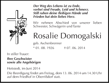 Traueranzeige von Rosalie Domogalski von Mitteldeutsche Zeitung Mansfelder Land