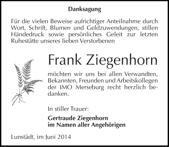 Traueranzeige von Frank Ziegenhorn von Mitteldeutsche Zeitung Merseburg/Querfurt