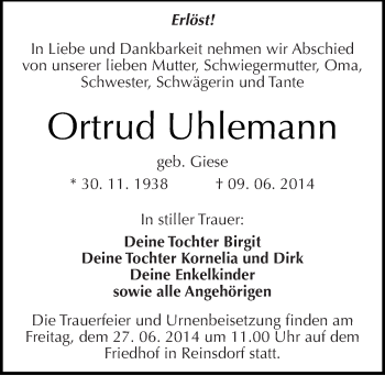 Traueranzeige von Ortrud Uhlemann von Mitteldeutsche Zeitung Köthen