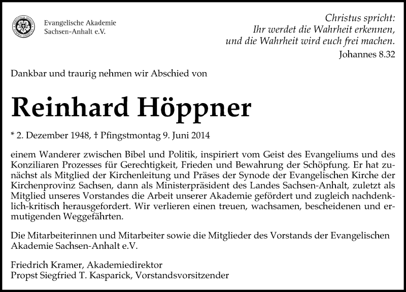  Traueranzeige für Reinhard Höppner vom 12.06.2014 aus Mitteldeutsche Zeitung Wittenberg