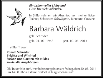 Traueranzeige von Barbara Wäldrich von Mitteldeutsche Zeitung Merseburg/Querfurt