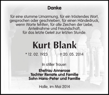 Traueranzeige von Kurt Blank von Mitteldeutsche Zeitung Halle/Saalkreis