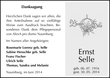 Traueranzeige von Ernst Selle von Mitteldeutsche Zeitung Naumburg/Nebra