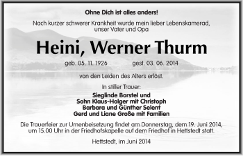 Traueranzeige von Heini Werner Thurm von Mitteldeutsche Zeitung Mansfelder Land