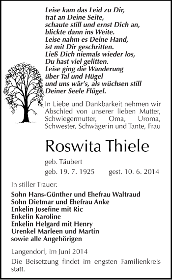Traueranzeige von Roswita Thiele von Mitteldeutsche Zeitung Weißenfels
