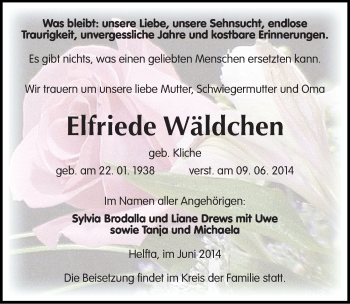 Traueranzeige von Elfriede Wäldchen von Mitteldeutsche Zeitung Mansfelder Land