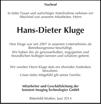 Traueranzeige von Hans-Dieter Kluge von Mitteldeutsche Zeitung Bitterfeld