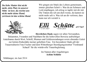 Traueranzeige von Elli Schütte von Mitteldeutsche Zeitung Wittenberg
