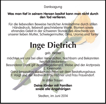 Traueranzeige von Inge Dietrich von Mitteldeutsche Zeitung Mansfelder Land