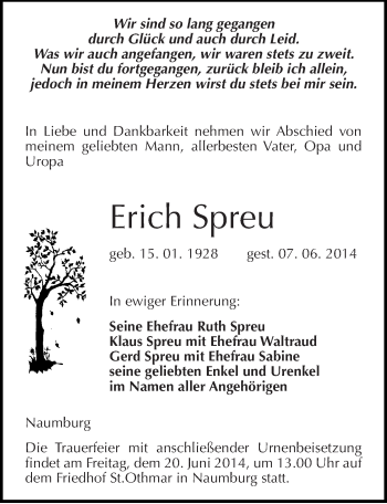 Traueranzeige von Erich Spreu von Mitteldeutsche Zeitung Naumburg/Nebra