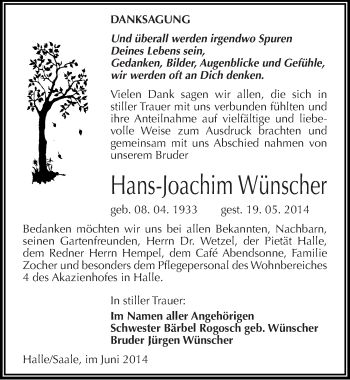 Traueranzeige von Hans-Joachim Wünscher von Mitteldeutsche Zeitung Halle/Saalkreis