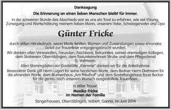 Traueranzeige von Günter Fricke von Mitteldeutsche Zeitung Sangerhausen