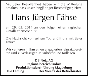 Traueranzeige von Hans-Jürgen Fähse von Mitteldeutsche Zeitung Dessau-Roßlau