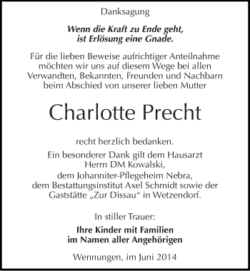 Traueranzeige von Charlotte Precht von Mitteldeutsche Zeitung