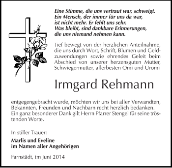 Traueranzeige von Irmgard Rehmann von Mitteldeutsche Zeitung Merseburg/Querfurt